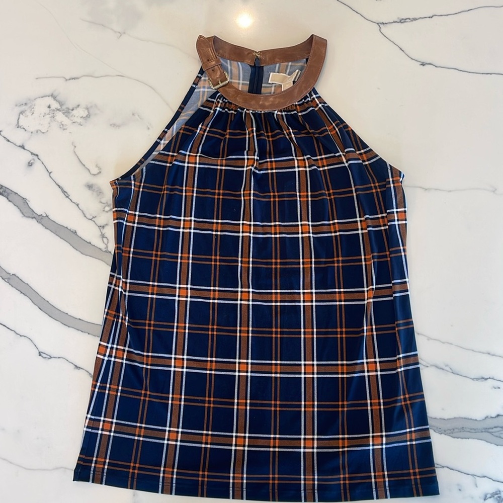Michael Kors plaid tank shirt with leather collar. Size medium